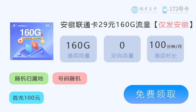安徽联通流量卡套餐介绍，推荐联通专属卡29元160G+100分钟